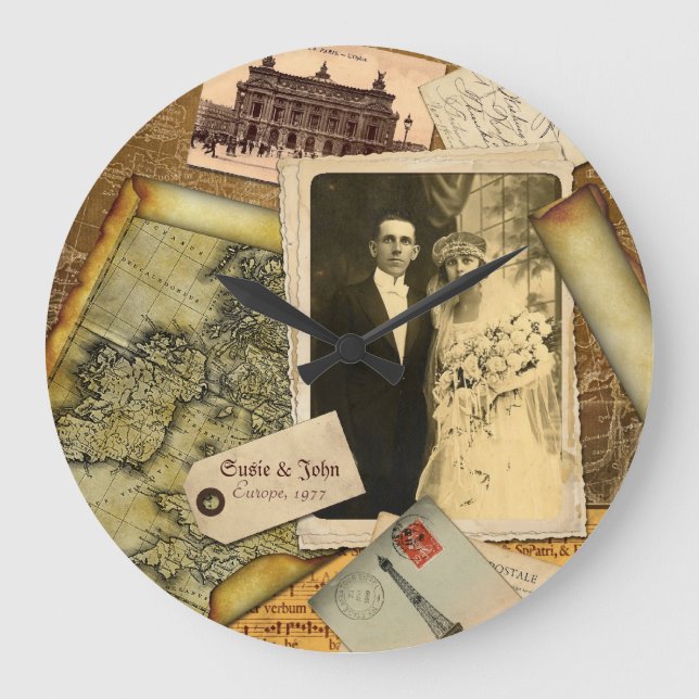 Customisable Vintage Paper Frame Photo Collage Large Clock (Front)