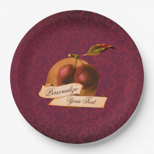 Customisable Vintage Plums Burgundy Damask Pattern Paper Plate