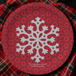 Customisable Vintage Red Snowflake Christmas Paper Plate