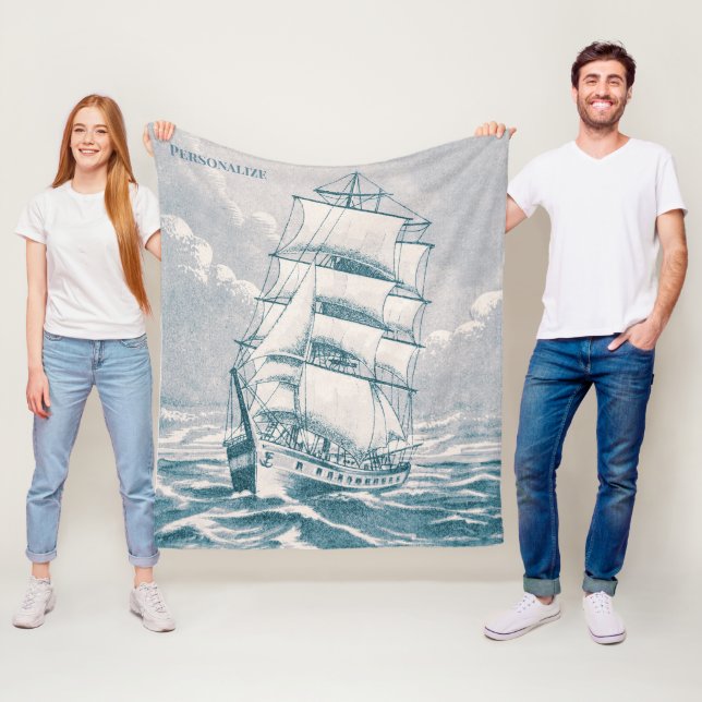 Customisable Vintage Sailing Ship Teal Nautical Fleece Blanket (In Situ)