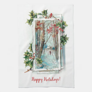 Customisable Vintage Winter Snow Scene with Holly Tea Towel