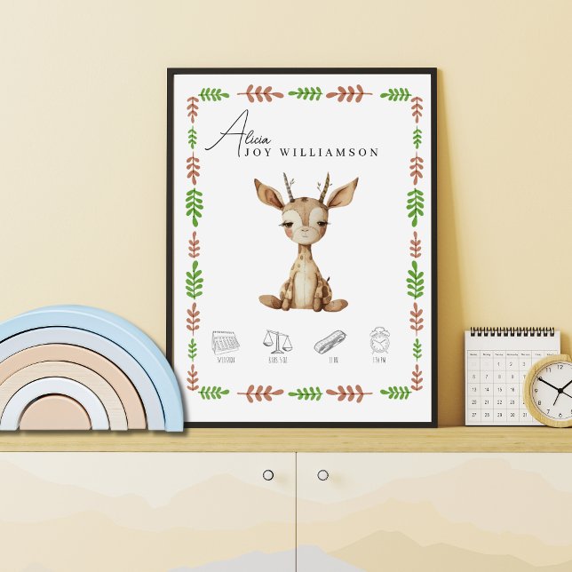 Customisable Watercolor Baby Giraffe Birth Details Poster (Creator Uploaded)