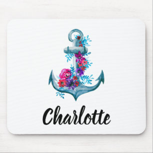 Customisable Watercolor Floral Anchor Illustration Mouse Mat