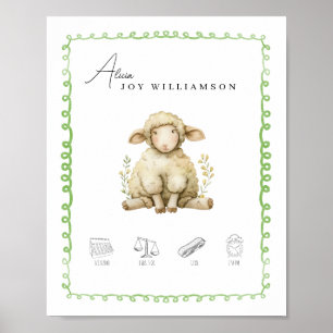 Customisable Watercolor Lamb Birth Details Nursery Poster