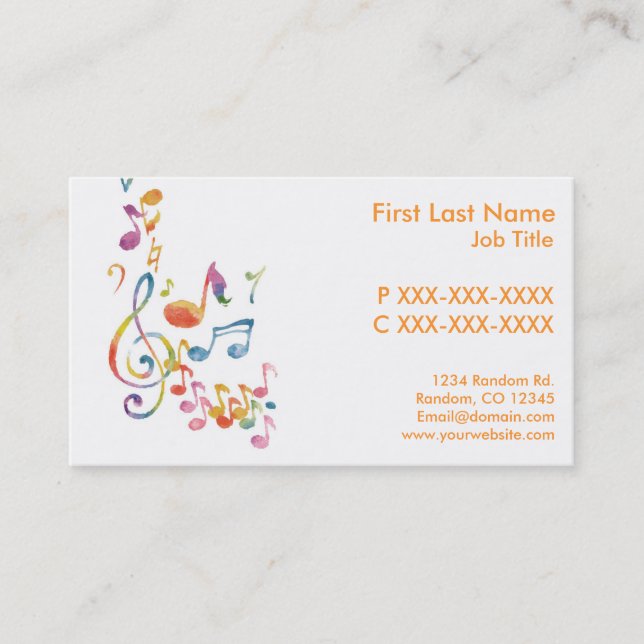 Customisable watercolor music notes business cards (Front)