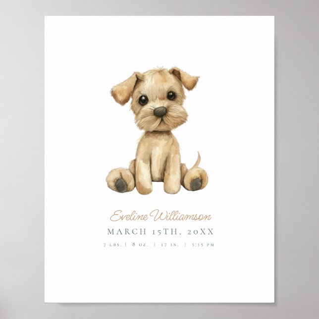Customisable Watercolor Puppy Nursery Birth Detail Poster (Front)