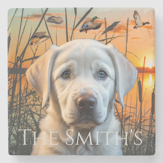 Customisable Wedding Gift, White Labrador Puppy Stone Coaster (Front)