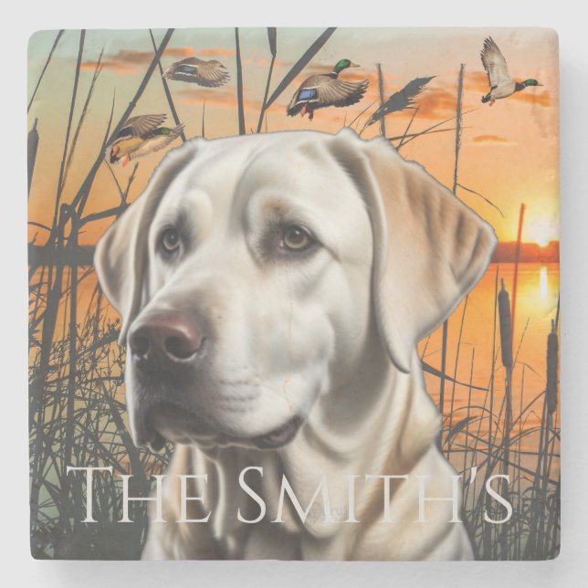 Customisable Wedding Gift, White Labrador Stone Coaster (Front)