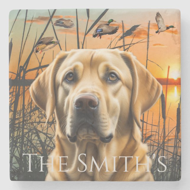 Customisable Wedding Gift, Yellow Labrador Stone Coaster (Front)