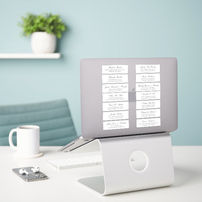 Customisable wedding guest address labels sticker (Laptop On Desk)