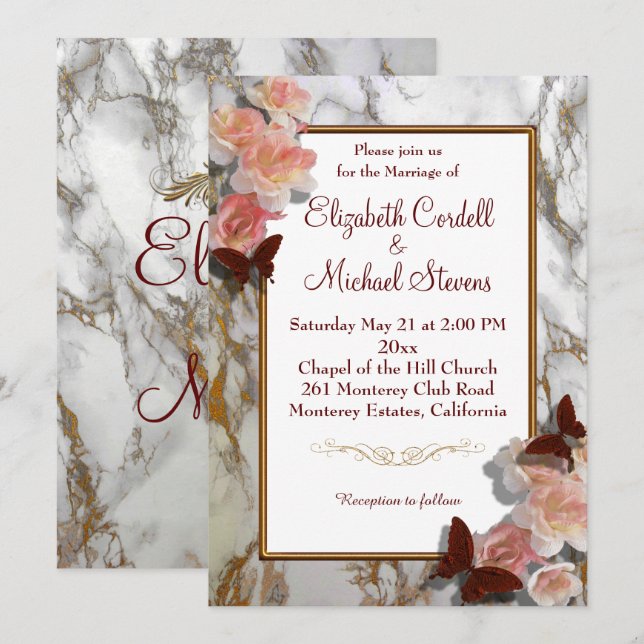 Customisable Wedding invitation marble faux gold (Front/Back)