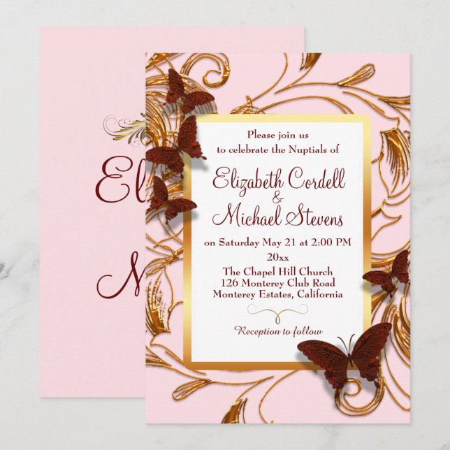 Customisable Wedding invitation pink faux gold (Front/Back)