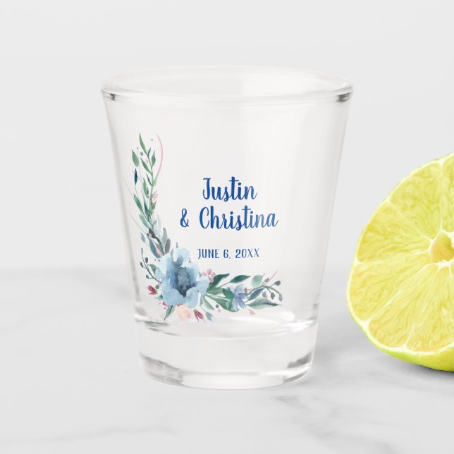 Customisable Wedding Keepsake Blue Floral Shot Glass (Front)