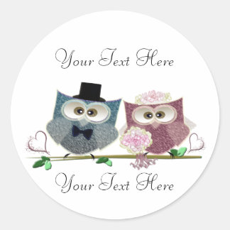 Customisable Wedding Owls Art Classic Round Sticker