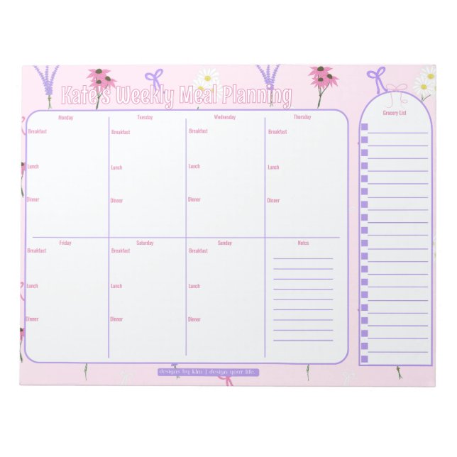 Customisable Weekly Meal Planner |Wildflowers&Bows Notepad (Front)