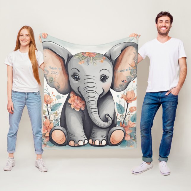 Customisable Whimsical Baby Elephant Fleece  Blanket (In Situ)