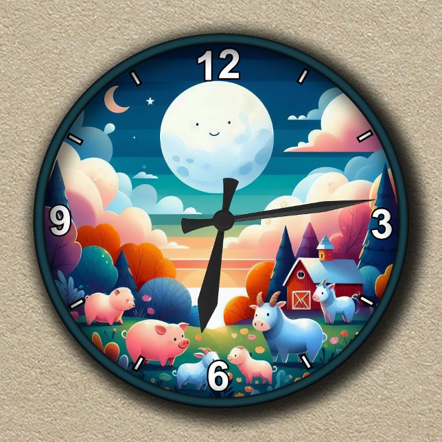Customisable Whimsical Farmyard Nighttime  Round Clock (Creator Uploaded)