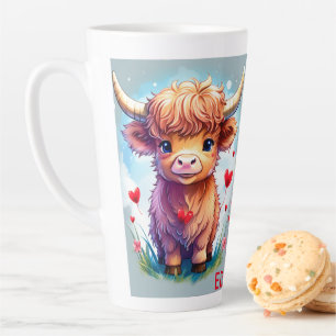 Customisable Whimsical Valentine Highland Cow,  Latte Mug