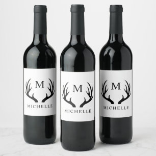 Customisable White And Black Deer Antler Monogram Wine Label