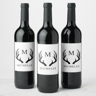 Customisable White And Black Deer Antler Monogram Wine Label