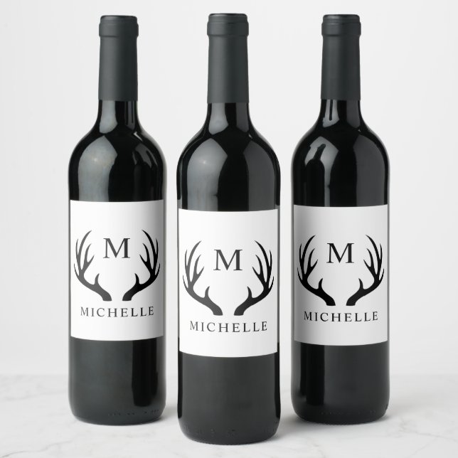 Customisable White And Black Deer Antler Monogram  Wine Label (Bottles)