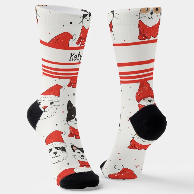 Customisable White Christmas Cats Socks (Angled)