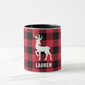 Customisable White Stag Red Buffalo Check Mug