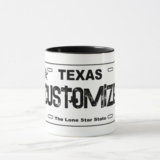 Customisable white Texas license plate mug (Center)