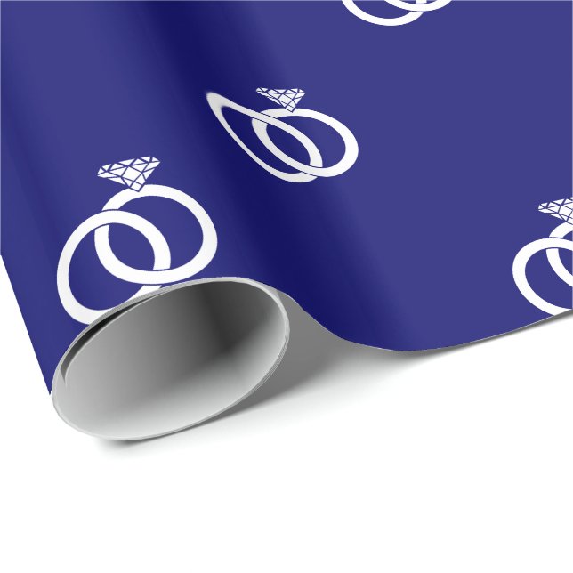 Customisable White Wedding Rings on Dark Navy Blue Wrapping Paper (Roll Corner)