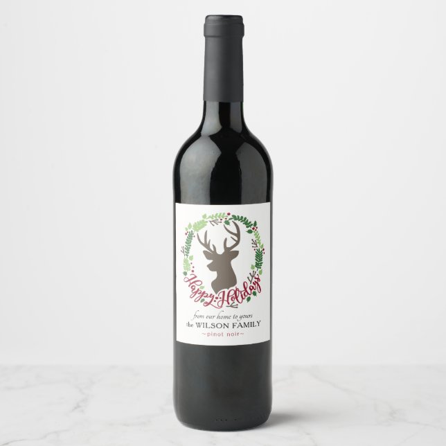 Customisable Wine Labels with Deer Head and Wreath (Front)