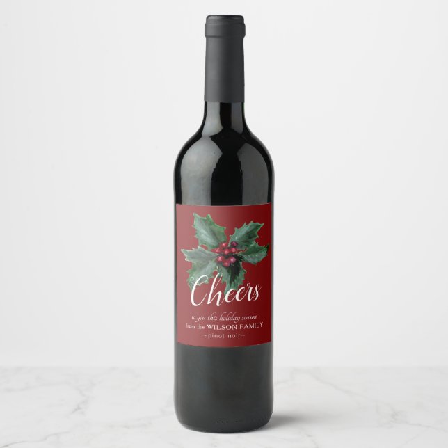 Customisable Wine Labels with Elegant Holly (Front)