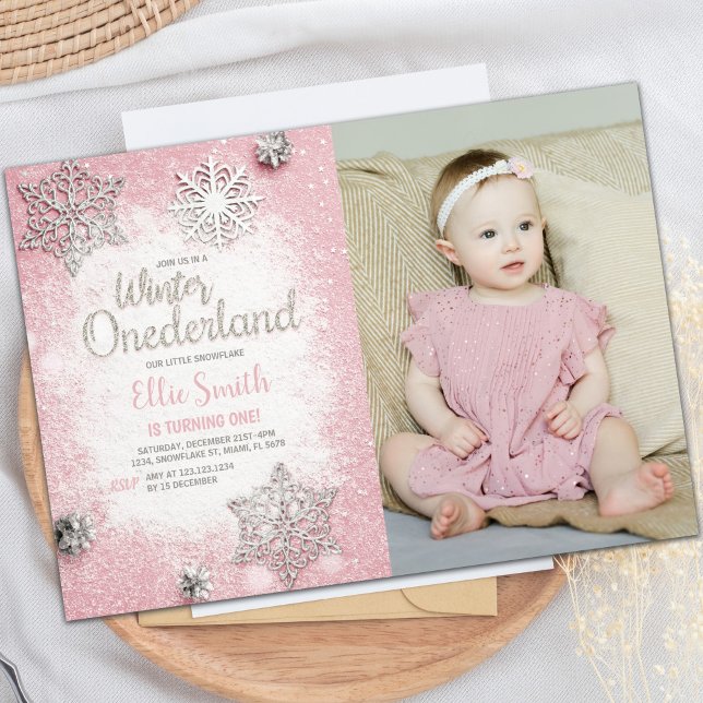 Customisable Winter Wonderland Party Invitations (Pink Glitter Winter ONEderland Invitations w photo)