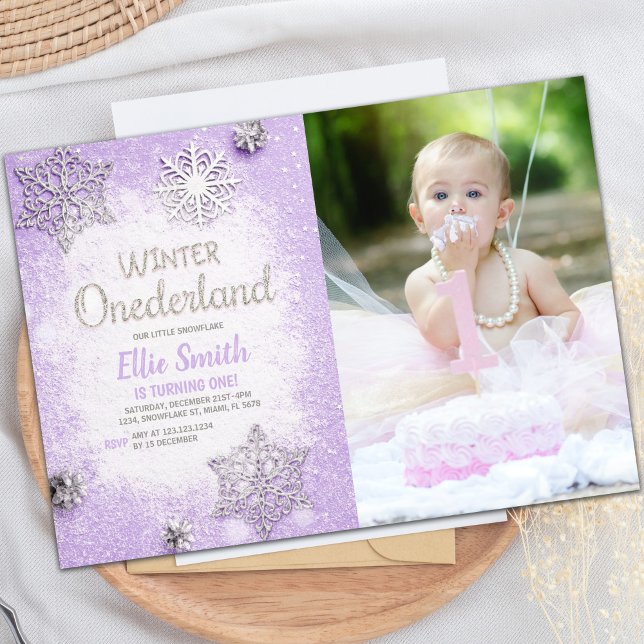 Customisable Winter Wonderland Party Invitations (Purple Glitter Winter ONEderland Invitation photo)