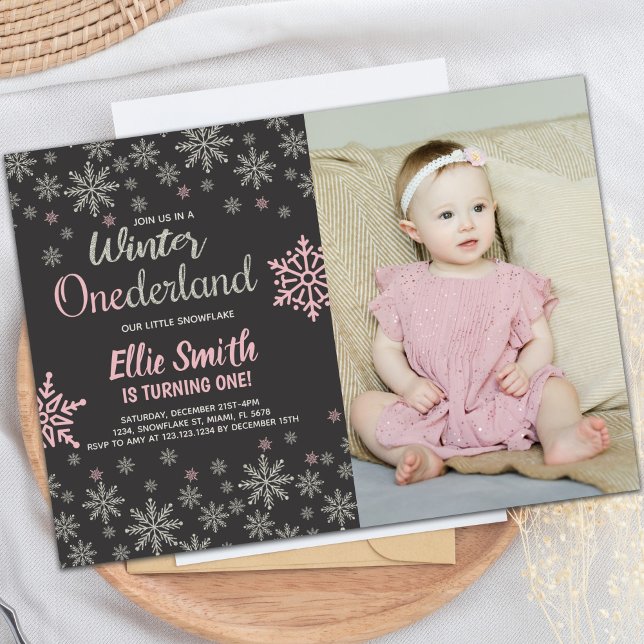 Customisable Winter Wonderland Party Invitations (Winter Onederland Birthday Invitations with photo)