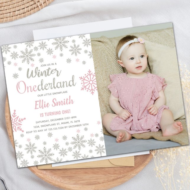 Customisable Winter Wonderland Party Invitations (Pink Photo SnowFlake Winter Birthday Onederland Invitation)