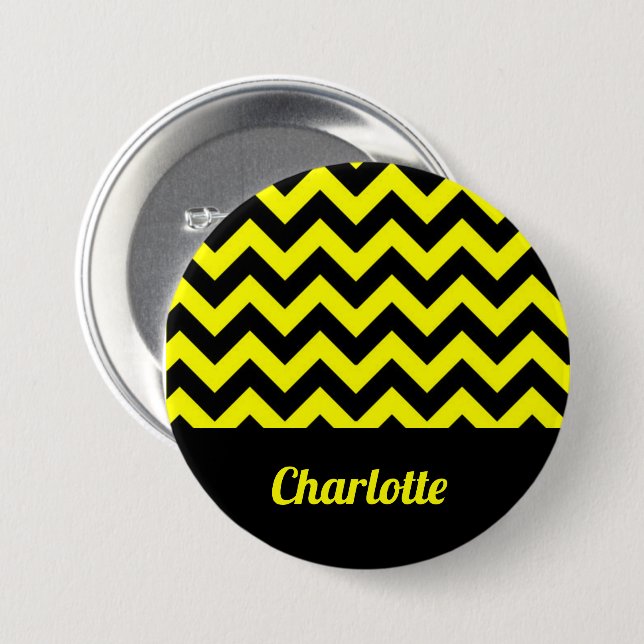 Customisable yellow and black chevron pattern 7.5 cm round badge (Front & Back)