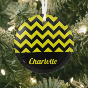 Customisable yellow and black chevron pattern glass tree decoration