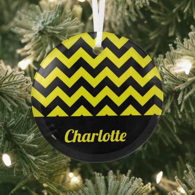 Customisable yellow and black chevron pattern glass tree decoration (Insitu)