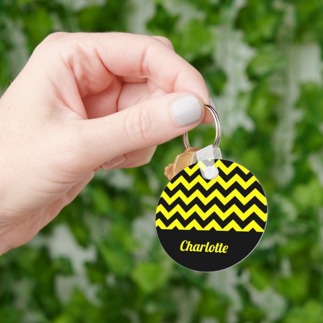 Customisable yellow and black chevron pattern key ring (Hand)