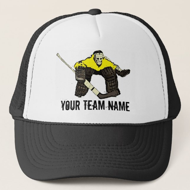 Customisable yellow hockey goalie team name hat (Front)