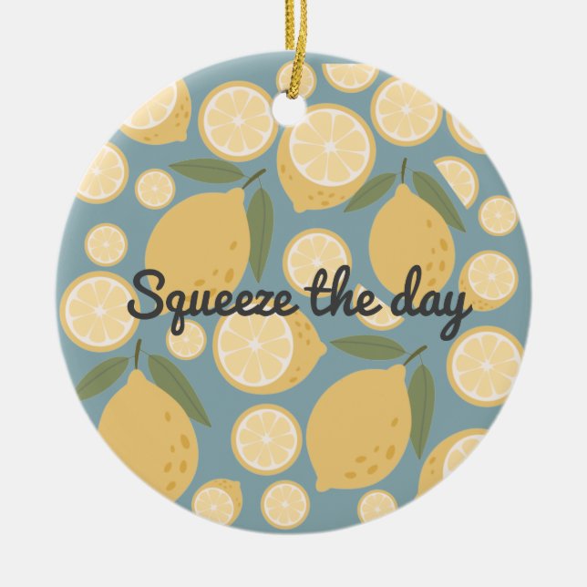 Customisable Yellow Lemon Seamless Pattern Ceramic Tree Decoration (Front)