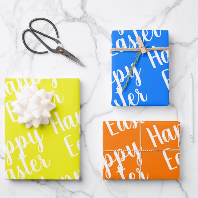 Customisable Yellow Orange Blue Happy Easter  Wrapping Paper Sheet (Front)
