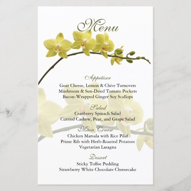 Customisable Yellow Orchids Wedding Menu Card (Front)