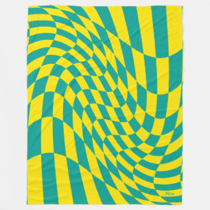 Customisable Yellow Teal Warped Chequered Illusion Fleece Blanket