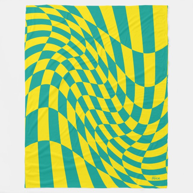 Customisable Yellow Teal Warped Chequered Illusion Fleece Blanket (Front)
