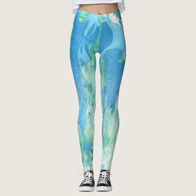 Customisation Blue Green White Modern Abstract Leggings (Front)
