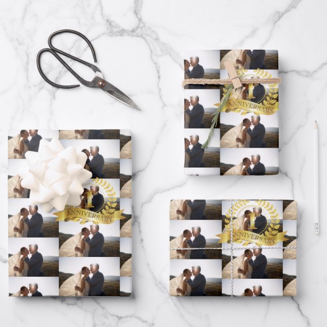 Customise 1st Anniversary Wedding Photo With Gold Wrapping Paper Sheet (Front)