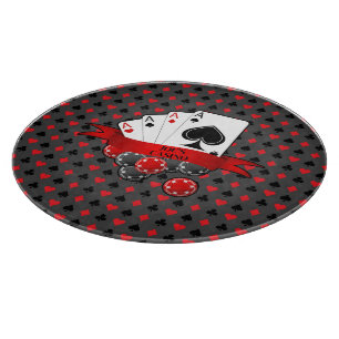Customise 4 Aces Red Black Card Suits on Grey Cutting Board