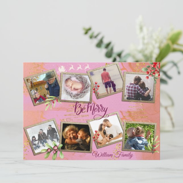 Customise 8 Photo Family Collage Merry Christmas Holiday Card (Standing Front)