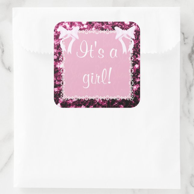 Customise Baby Girl Shower pink sparkles Square Sticker (Bag)